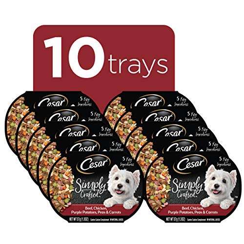  CESAR Simply Crafted Adult Wet Dog Food Meal Topper, Beef, Chicken, Purple Potatoes, Peas & Carrots, (10) 1.3 Oz. Tubs