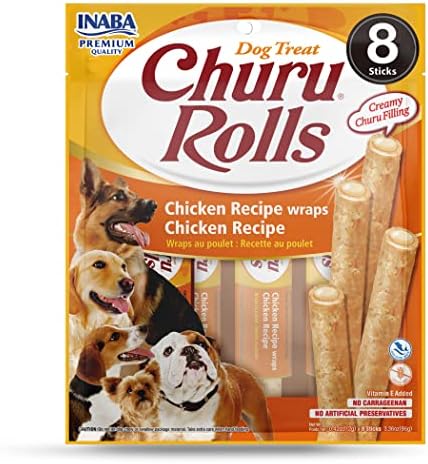  INABA Churu Rolls For Dogs, Grain-Free, Soft/Chewy Baked Chicken Wrapped Churu Filled Dog Treats, 0.42 Ounces Each Stick| 24 Stick Treats Total (8 Sticks Per Pack), 3 Flavor Variety Pack (24 Sticks)