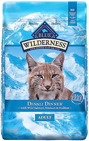  Blue Buffalo Wilderness High Protein, Natural Adult Dry Cat Food, Denali Dinner With Wild Salmon, Venison & Halibut 4lb