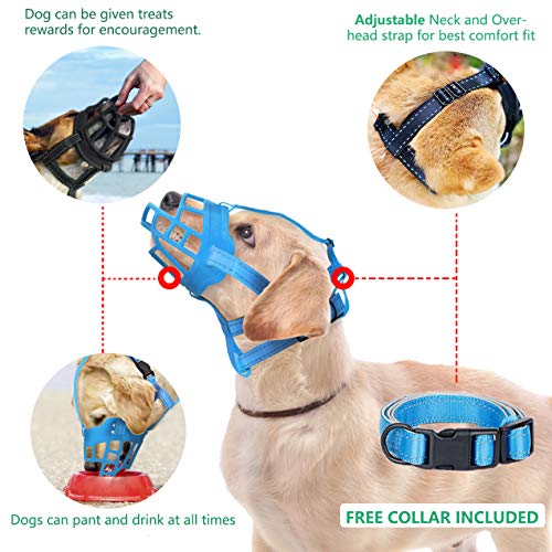  Dog Muzzle, Soft Silicone Basket Muzzle For Dogs, Allows Panting And Drinking, Prevents Unwanted Barking Biting And Chewing, Included Collar And Training Guide