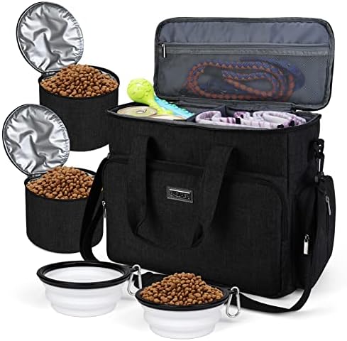  BAGLHER Dog Travel Bag, Airline Approved Pet Tote Organizer With Multi-Function Pockets,2X Food Storage Containers And 2X Collapsible Dog Bowls,Perfect Weekend Pet Travel Set For Dog, Cat Black