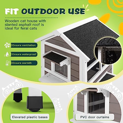  Bigrab Outdoor Large Cat House Weatherproof, Outside Feral Cat Shelter With Escape Door, Insulated Wooden Cat Condos With Window, (Two Storey Grey - For 2-3 Cats Or Small Animals)