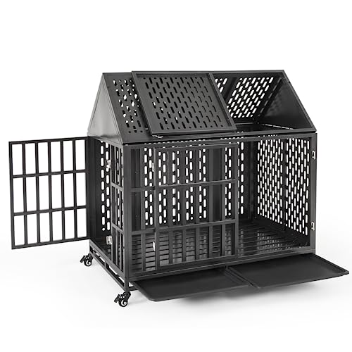  Huddycove Heavy Duty Dog Crate For High Anxiety Dogs, 46 Inch Indestructible Large Kennel Indoor, Removable Trays And Lockable Wheels, Chew Proof Cage With Pointed Roof