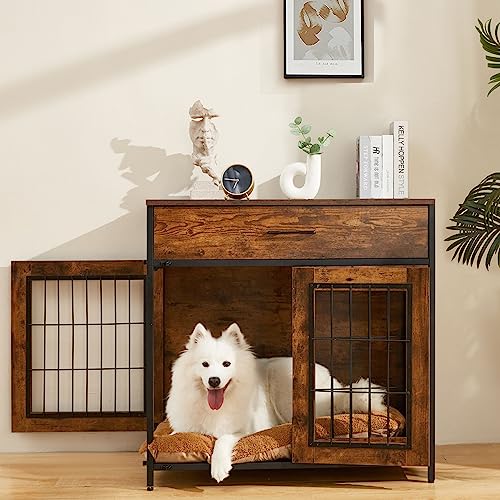  SWHSE Large Dog Crate Furniture, Heavy Duty Dog Kennel Furniture With 2-in-1 Induction Lamp And Removable Washable Pet Mat For Large And Medium Dogs Indoor(Left)