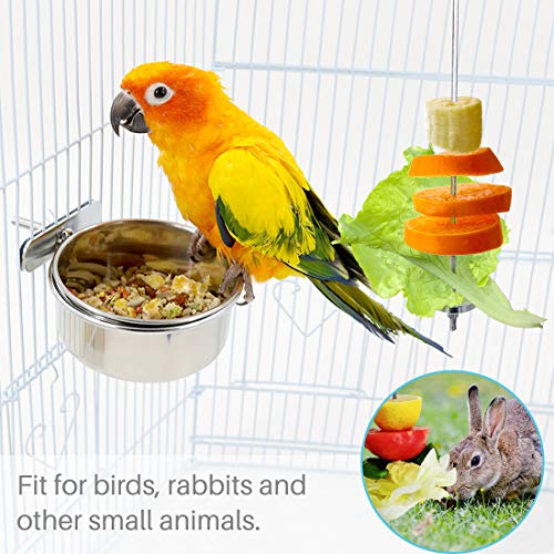  Kalevel 2pcs Bird Feeder Bowl Feeding Coop Cup Stainless Steel Parrot Cage Food Water Dish With Bird Fruit Holder Veggie Skewer