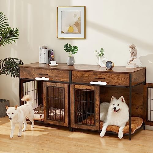  SWHSE Large Dog Crate Furniture, Heavy Duty Dog Kennel Furniture With 2-in-1 Induction Lamp And Removable Washable Pet Mat For Large And Medium Dogs Indoor(Left)