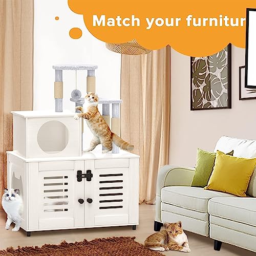  EasyCom Litter Box Enclosure, Hidden Cat Tree Tower Furniture For Indoor House, Modern Wooden All-in-one Cat Litter Cabinet With Scratching Post And Condo, White