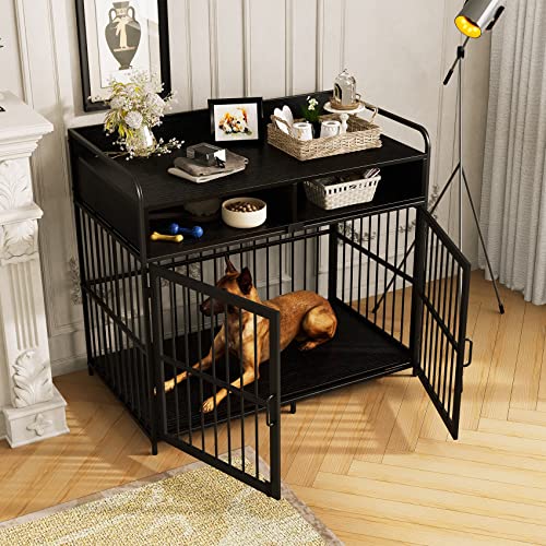  Saudism Dog Crate For Large Dogs, Black Furniture Dog Crate, Large Dog Kennel Indoor, Heavy Duty Wood Dog Cage Table With Drawers Storage, Sturdy Metal, Inner Size: 39.4" L X 22.5" W X 23.3" H