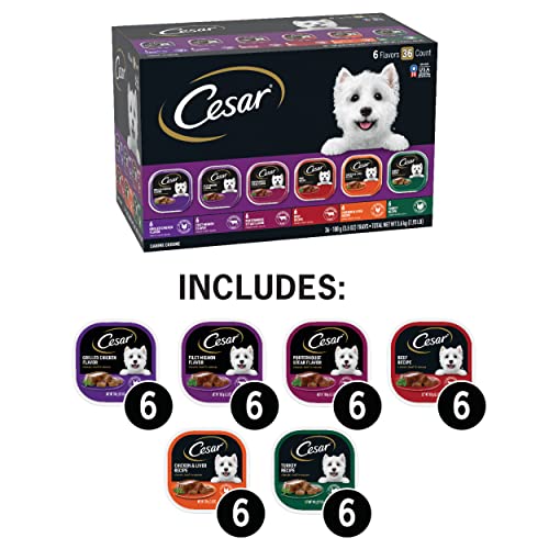  CESAR Wet Dog Food Classic Loaf In Sauce Grilled Chicken, Filet Mignon, Porterhouse Steak, Beef, Chicken & Liver And Turkey Variety Pack (36) 3.5 Oz. Easy Peel Trays