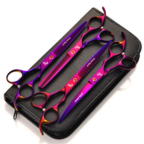  Purple 7.0 Inch Professional Hairdressing Scissors Set Pet Grooming Cutting Premium Steel Kit Straight & Thinning & Curved Shears Comb 4 Pcs Set For Cat Dog And More Pets Clean Hair Tool