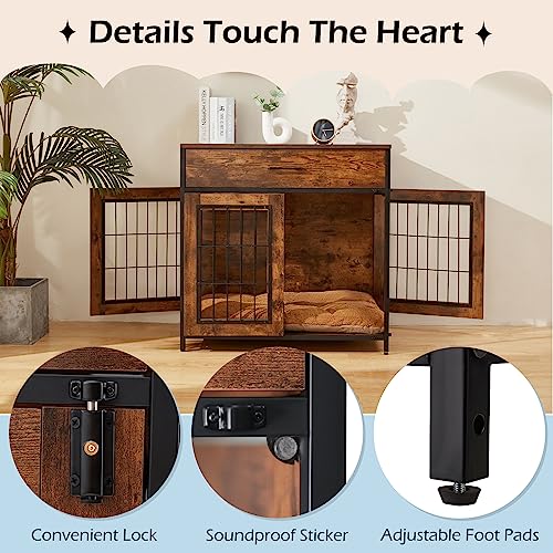  SWHSE Large Dog Crate Furniture, Heavy Duty Dog Kennel Furniture With 2-in-1 Induction Lamp And Removable Washable Pet Mat For Large And Medium Dogs Indoor(Left)