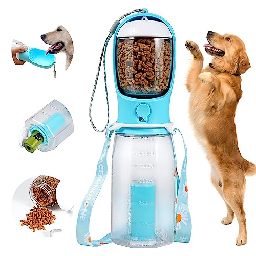  KAHEGIND 3-in-1 Portable Dog Water Bottle With Food Container,Replaceable Waste Bags Leak Proof Dog Travel Water Bottle,Carbon Filter For Drinking, Feeding, Travel, Walking And Hiking (Blue 20 Oz)