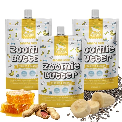  Zoomie Butter Banana Bliss Squeeze Packs - 100% All Natural Dog Peanut Butter (Convenient, Grab N' Go Size, Mess Free, Travel Friendly) Toy Filler, Slow Feeder, Lick Mats, Dog Treat, Pack Of 3