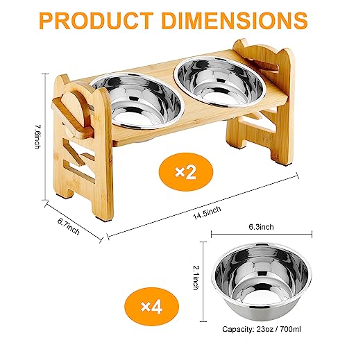  2 Pack Elevated Dog Cat Bowls, 6 Adjustable Heights Raised Dog Bowl For Small Dogs And Cats, 15° Tilted Bamboo Stand Pet Feeder, Dog Food Feeding Dishes Water Bowl With 2 Stainless Steel Bowls