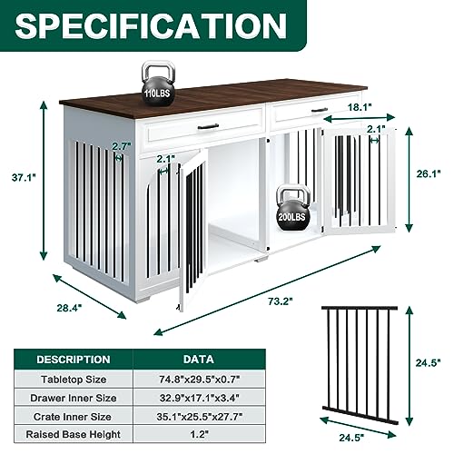  74.8" L*29.5" D*37.1" H Extra Large Dog Crate Furniture For 2 Dogs,Wooden Double Dog Crates Kennel Cage Furniture Style For Large Breed Dogs With Divider Drawers And Locks,White