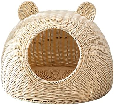  PAREKS Pet House Rattan Cat Nest Summer Semi-Closed Indoor Sleeping Bed Mat Breathable Durable Puppy Basket For Small Medium Cats/Dogs (Color : Beige)
