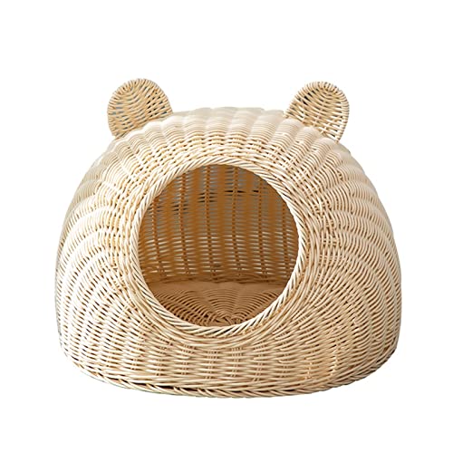  PAREKS Pet House Rattan Cat Nest Summer Semi-Closed Indoor Sleeping Bed Mat Breathable Durable Puppy Basket For Small Medium Cats/Dogs (Color : Beige)