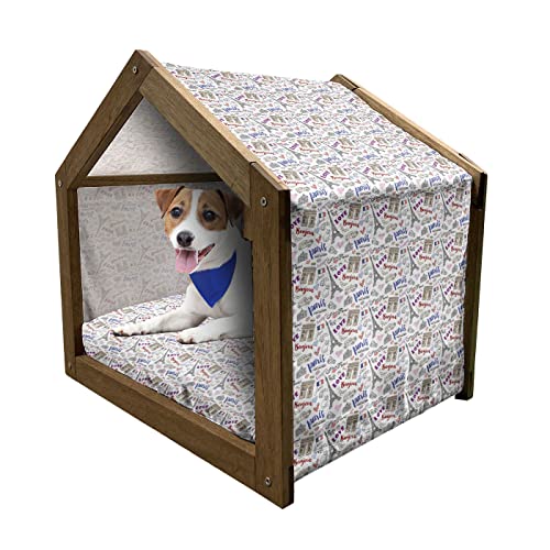  Lunarable Eiffel Tower Wooden Pet House, Triumf Arch Fashion Shoes Gloves Traditional Food Cheese Bread Keys Cat Doodle, Outdoor & Indoor Portable Dog Kennel With Pillow And Cover, Large, Multicolor