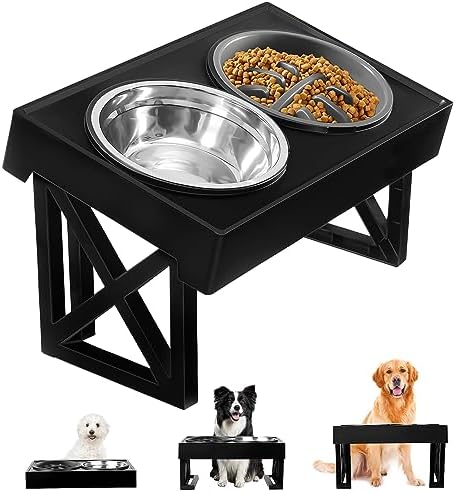  MAMI&BABI Elevated Dog Bowls, 3 Adjustable Heights Raised Dog Food Bowl Feeding Stand For Large Dogs, Non-Slip Slow Feeder And Deep Water Bowl Station For Medium Small Cats Pets
