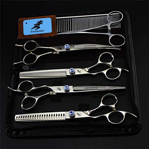  Left Handed Pet Grooming Scissors Upscale Cat Dog 4 Pcs Set Blue Gem Professional Trimmer Kit Premium 7.0 Inch 440C Steel Beauticians Straight Cutting & Thinning & Curved Shears Combs