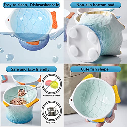  Raised Tilted Ceramic Cat Bowl - Cute Elevated Slanted Shallow Angled Cat Dish - Personalized Pet Feeder For Food Feeding - Ergonomic Anti Vomiting Whisker Fatigue - Size For Cat And Small Dog