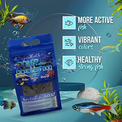  Ron's Cichlid Fish Food For African Cichlids, Tetras & Other Tropical Fish, Premium Food For Brighter Colors, Healthier Fish & Cleaner Tanks, Pellets Made With Real Shrimp & Natural Ingredients, 1 LB
