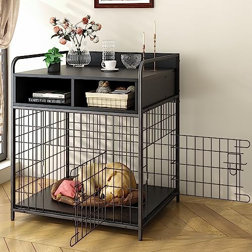  Saudism Dog Crate For Large Dogs, Black Furniture Dog Crate, Large Dog Kennel Indoor, Heavy Duty Wood Dog Cage Table With Drawers Storage, Sturdy Metal, Inner Size: 39.4" L X 22.5" W X 23.3" H