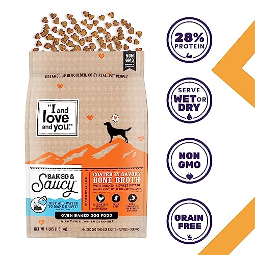  "I And Love And You" Baked And Saucy Dry Dog Food With Gravy Coating, Chicken And Sweet Potato Recipe, Grain Free, Coated In Bone Broth, Prebiotics And Probiotics, Real Meat, No Fillers, 4 Lb Bag