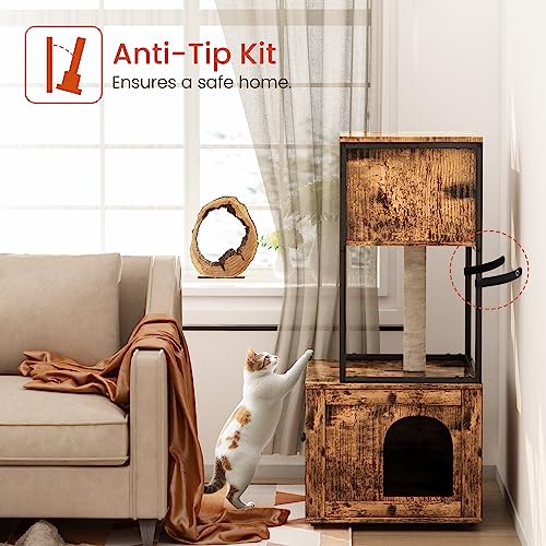  Cat Litter Box Enclosure With Shelves And Door, Hidden Cat Washroom Cabinet Furniture With Scratching Posts,Platform,Elevated Cat Feeding Bowl,All-in-One Wood Pet Crate Indoor Cat House Fumiture,Brown