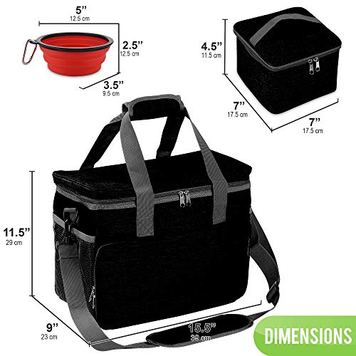  Kundu Cat & Dog Travel Bag - Includes 2 Food Carriers, 2 Bowls & Place Mat - Airline Approved - Black,6 Piece Set,KDU-011