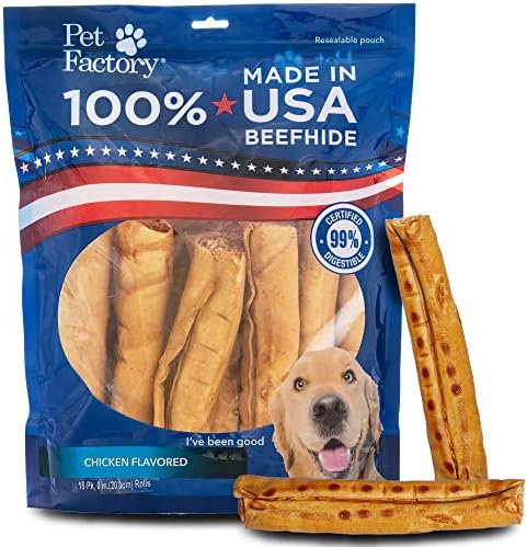  Pet Factory 100% Made In USA Beefhide 8" Rolls Dog Chew Treats - Beef & Chicken Flavor, 10 Count/1 Pack