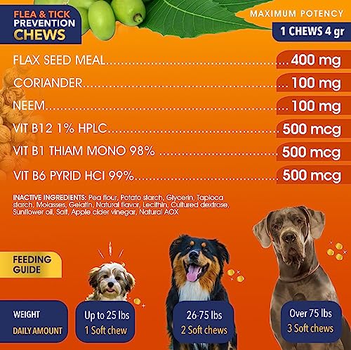  Flea And Tick Prevention For Dogs Chewables - All Natural Dog Flea & Tick Control - For All Breed Sizes, Coriander, Neem. Flax Seed And Vitamins Complex For Flea And Tick Prevention For Dogs