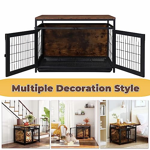  Waiirek 37.4in Heavy Duty Wooden Large Furniture Dog Crate Indoor End Side Table With 3 Doors, Decorative Furniture Stylish Dog Kennel Cage Inside 37.4" L X 22" W X 25.6" H