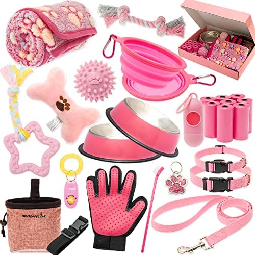  Puppy Starter Kit For Small Dog - 26 Pcs Dog Toys, Collar, Leash, Puppy Training Cilcker, Treat Bag, Poop Waste Bag With Dispenser, Blanket, Grooming Glove, Food Bowls, Toothbrush, ID Tag, Etc