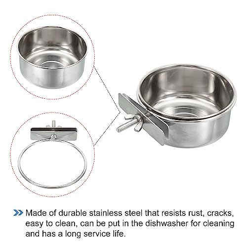  PATIKIL Bird Feeding Dish Cup, 1 Set Stainless Steel Parrot Cage Feeder Water Bowl With Clamp Holder For Small Animals, Silver Tone