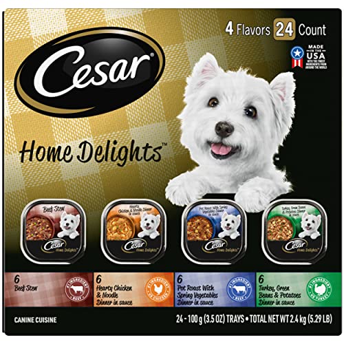  CESAR HOME DELIGHTS Wet Dog Food Pot Roast & Vegetable, Beef Stew, Turkey Potato & Green Bean, And Hearth Chicken & Noodle Variety Pack, (24) 3.5 Oz. Easy Peel Trays