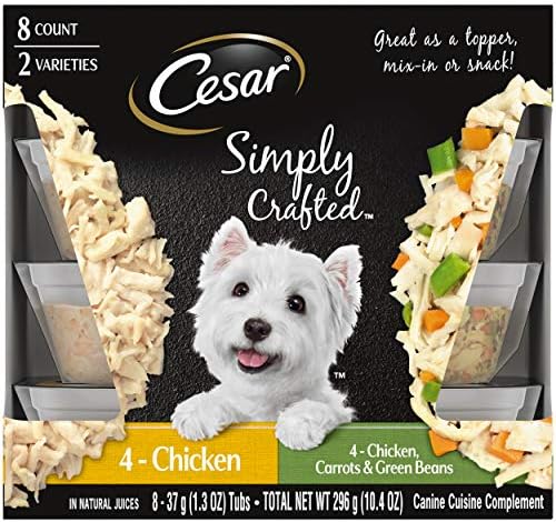  CESAR Simply Crafted Adult Soft Wet Dog Food Meal Topper Variety Pack, Chicken, Duck, Purple Potatoes, Pumpkin, Green Beans & Brown Rice And Chicken, Carrots, Barley & Spinach, (8) 1.3 Oz. Tubs
