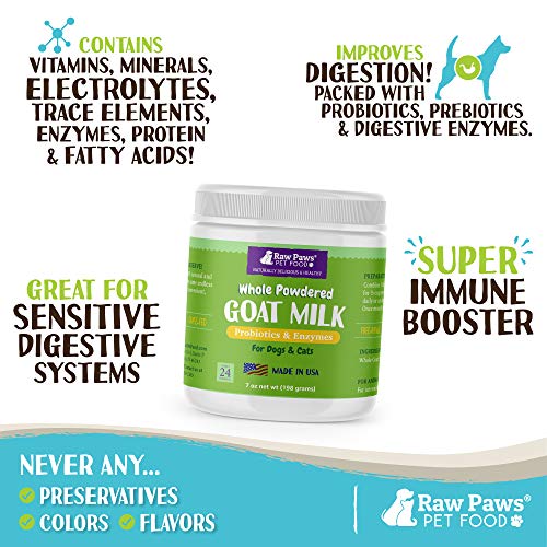  Raw Paws Whole Goat Milk Powder For Dogs And Cats, 7-oz - Goats Milk For Dogs Made In USA - Natural Kitten & Puppy Milk Replacement Formula - Dry Pet Goat Milk Food Topper - Pet Nutritional Supplement