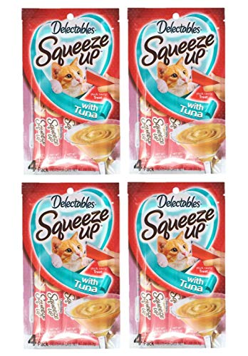  Delectables Squeeze Up Hartz Cat Treats Bundle Of 4 Flavor Pouches, 2.0 Oz Each (Tuna)