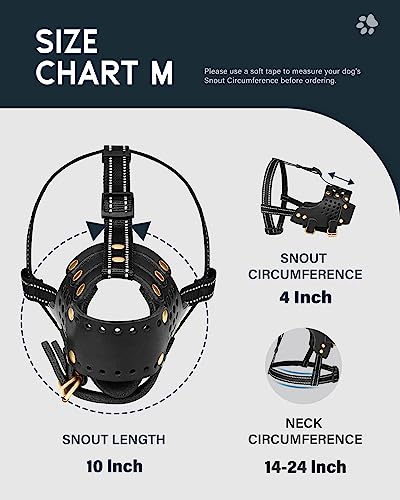  Dog Muzzle Leather, Pitbull Muzzle Amstaff Muzzles Staffordshire Terrier Secure Basket, Breathable And Adjustable Soft Muzzle For Medium Large Breeds Anti Biting Barking Chewing (Black, M)
