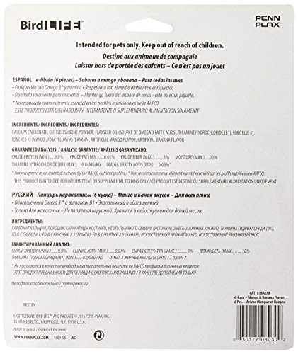  Penn-Plax Bird-Life Flavored E Cuttlebone 6 Pack – Mango & Banana – Enriched With Omega 3 And Vitamin B1 – Great For All Birds