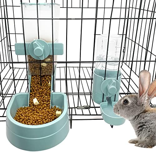  Kathson Rabbit Food Water Dispenser Pet Cage Automatic Feeder 2L Food Dispenser 17oz Waterer Small Animal Hanging Bottle Bowl Set For Rabbit Cat Small Dog Ferret Puppy