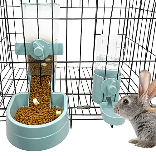  Kathson Rabbit Food Water Dispenser Pet Cage Automatic Feeder 2L Food Dispenser 17oz Waterer Small Animal Hanging Bottle Bowl Set For Rabbit Cat Small Dog Ferret Puppy