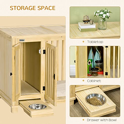  PawHut Wood Dog Crate Furniture With Hidden Food Bowl In Drawer, Dog Crate End Table With Cushion, Double Doors, For Small Dogs Indoor Use, Natural
