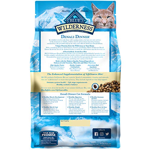  Blue Buffalo Wilderness High Protein, Natural Adult Dry Cat Food, Denali Dinner With Wild Salmon, Venison & Halibut 4lb