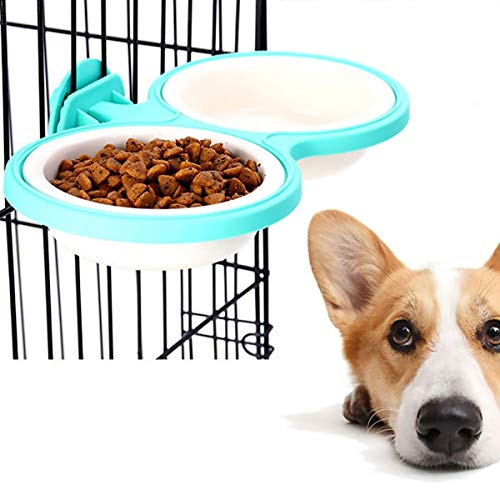  Pet Bowl 1PC Hanging Pet Double Bowls Pet Water Food Feeder Feeding Bowl For Cat Dog Cage- Size L (Greenish Blue)