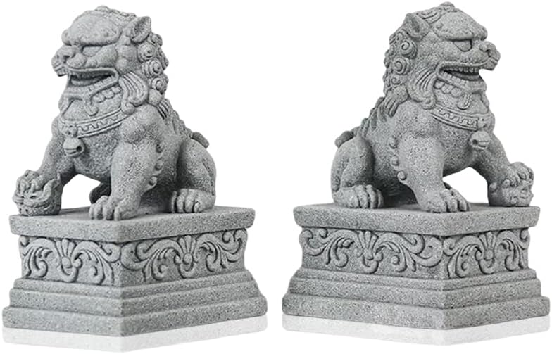  Livelyfish Large Asian Fu Foo Dogs Statues A Pair Of Two Guardian Lion Sandstone Figurine Pets Fish Tank Aquarium Landscape Ornaments Accessories Feng Shui Decorations (D)