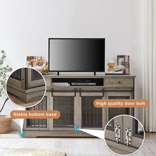  Tmsan Large Dog Crate Furniture, 66" Heavy Duty Wood Dog Kennel With Divider & Drawers, Indoor Dog House Cage For 2 Medium Dogs, End Table TV Stand