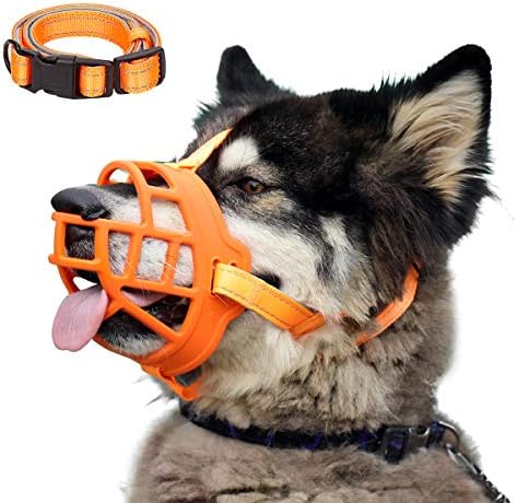  Dog Muzzle, Soft Silicone Basket Muzzle For Dogs, Allows Panting And Drinking, Prevents Unwanted Barking Biting And Chewing, Included Collar And Training Guide
