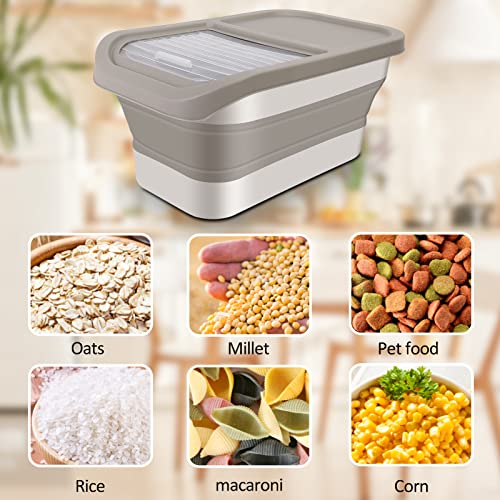  Collapsible 13LB Dog Food Storage Container With Transparent Sliding Lid,Pet Moisture-Proof Folding Rice Plastic Bin With Measuring Cup And Scoop Suitable For Storing Oat Millet Macaroni Corn（Khaki）